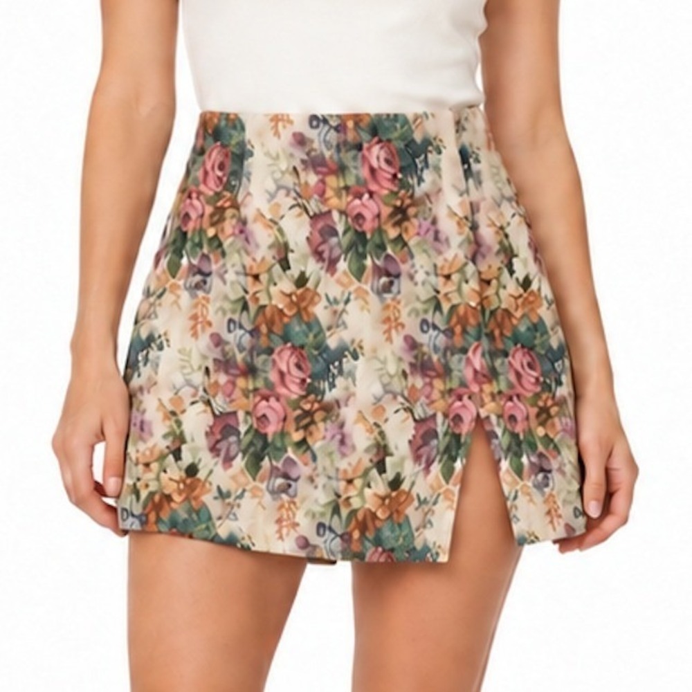 Wild Fable Floral Tapestry Mini Skirt Woven Rose Print Slit High Rise SIZE 2
